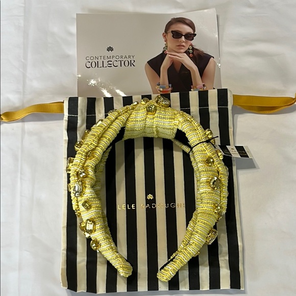 Lele Sadoughi Tweed Oversized Crystal Veronica Headband Canary Yellow Gold NWT - Picture 11 of 12